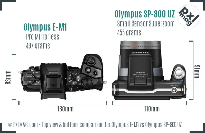 Olympus E-M1 vs Olympus SP-800 UZ top view buttons comparison