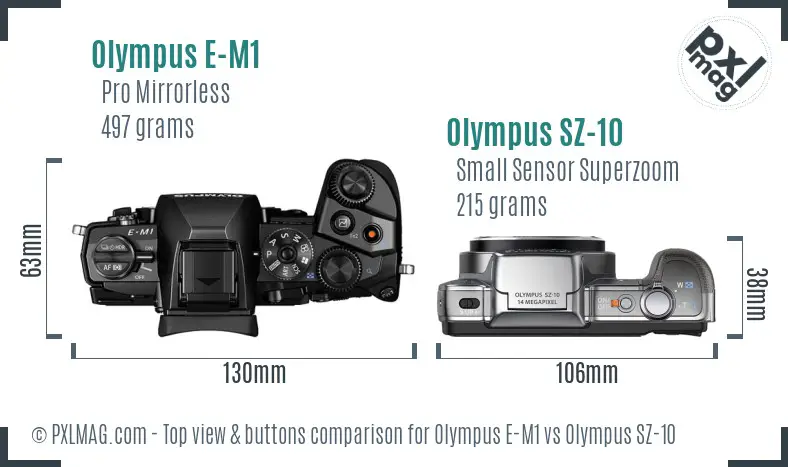 Olympus E-M1 vs Olympus SZ-10 top view buttons comparison