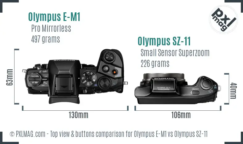 Olympus E-M1 vs Olympus SZ-11 top view buttons comparison
