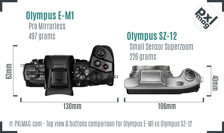 Olympus E-M1 vs Olympus SZ-12 top view buttons comparison
