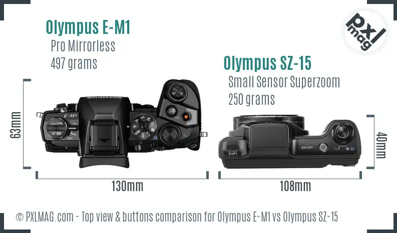Olympus E-M1 vs Olympus SZ-15 top view buttons comparison