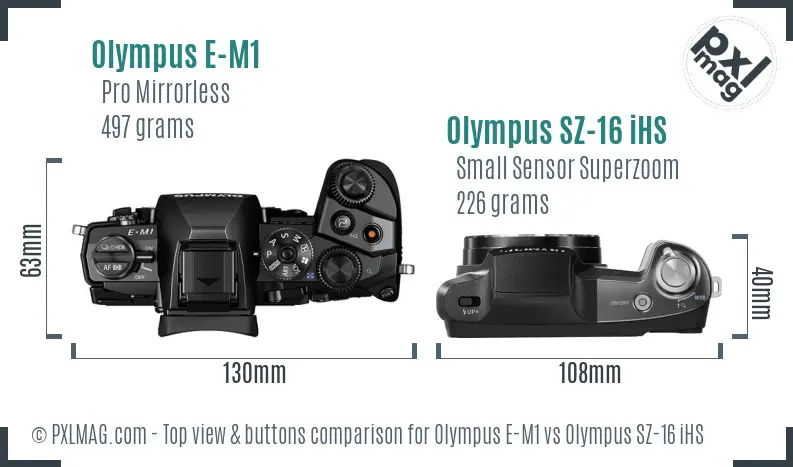 Olympus E-M1 vs Olympus SZ-16 iHS top view buttons comparison