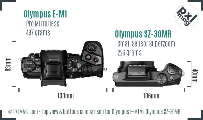 Olympus E-M1 vs Olympus SZ-30MR top view buttons comparison