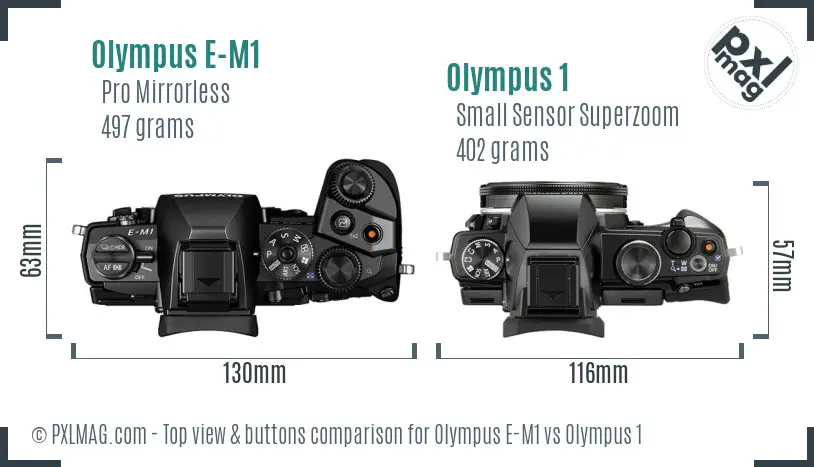 Olympus E-M1 vs Olympus 1 top view buttons comparison