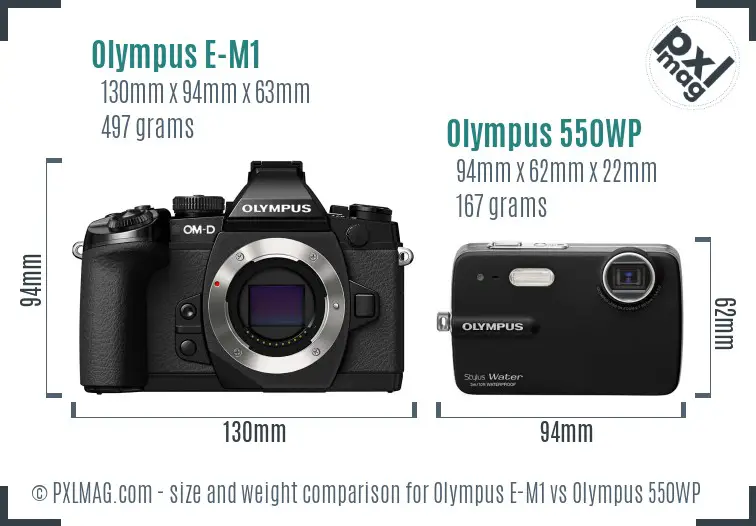 Olympus E-M1 vs Olympus 550WP size comparison