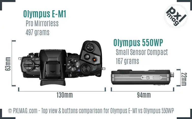Olympus E-M1 vs Olympus 550WP top view buttons comparison