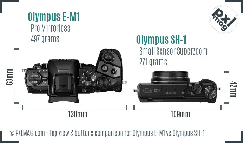 Olympus E-M1 vs Olympus SH-1 top view buttons comparison