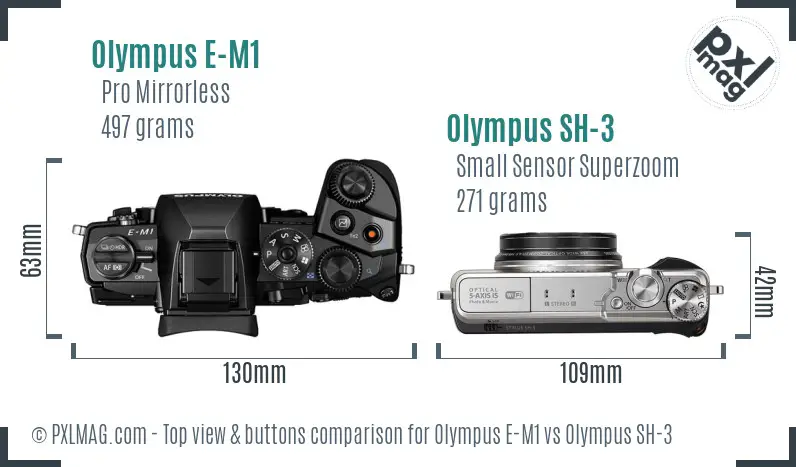 Olympus E-M1 vs Olympus SH-3 top view buttons comparison