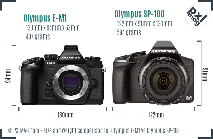 Olympus E-M1 vs Olympus SP-100 size comparison
