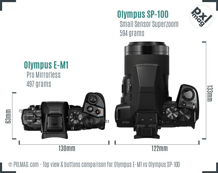 Olympus E-M1 vs Olympus SP-100 top view buttons comparison