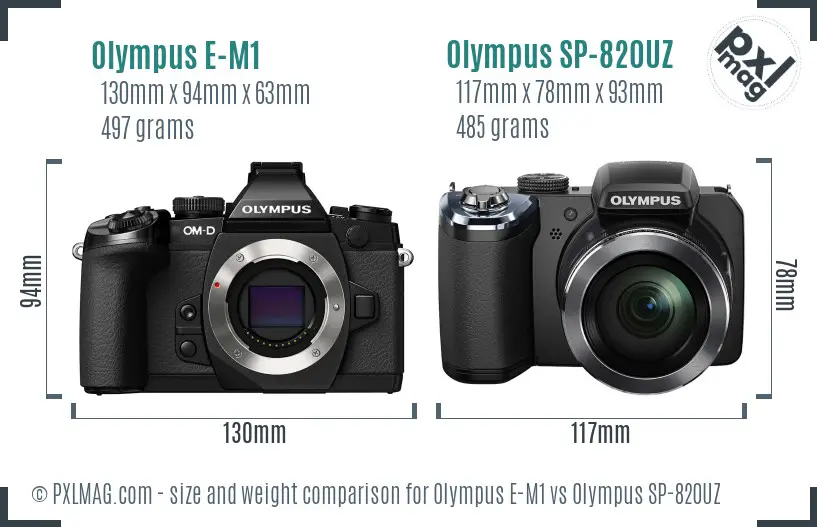 Olympus E-M1 vs Olympus SP-820UZ size comparison