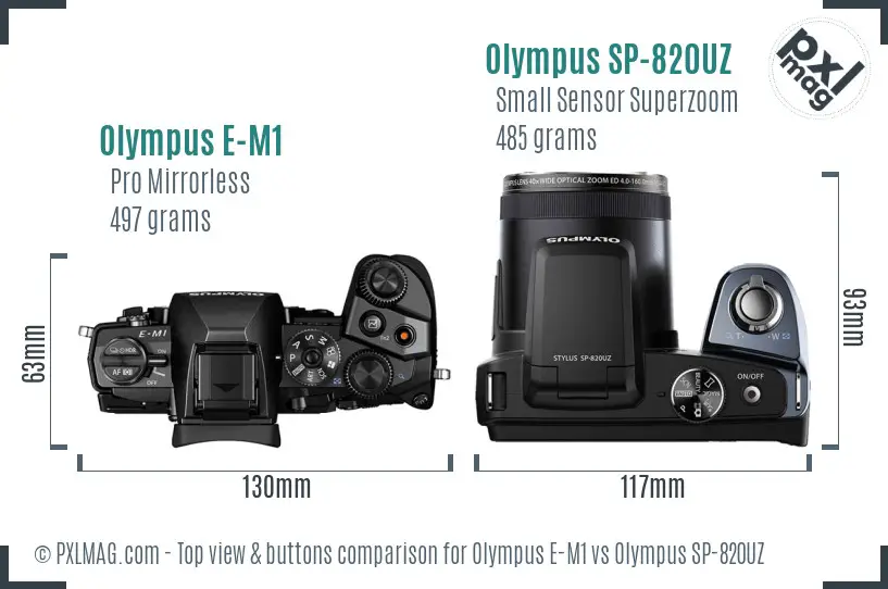 Olympus E-M1 vs Olympus SP-820UZ top view buttons comparison