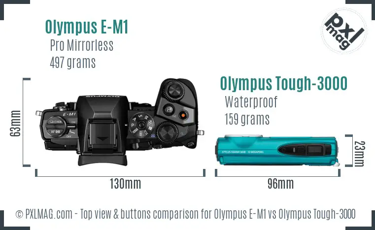 Olympus E-M1 vs Olympus Tough-3000 top view buttons comparison