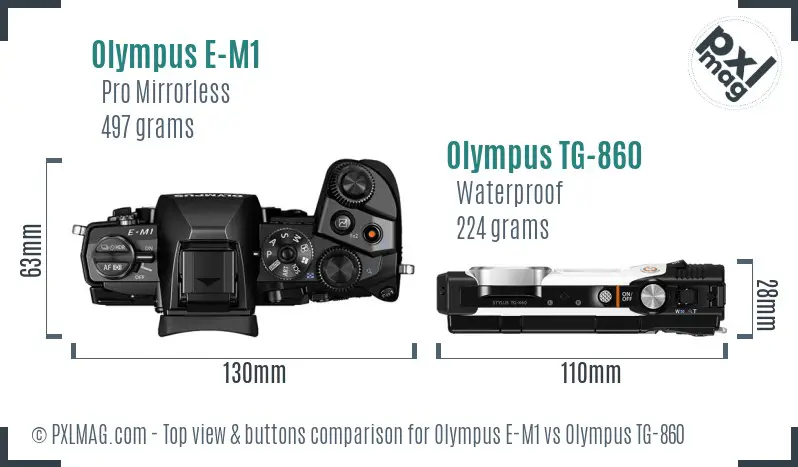 Olympus E-M1 vs Olympus TG-860 top view buttons comparison