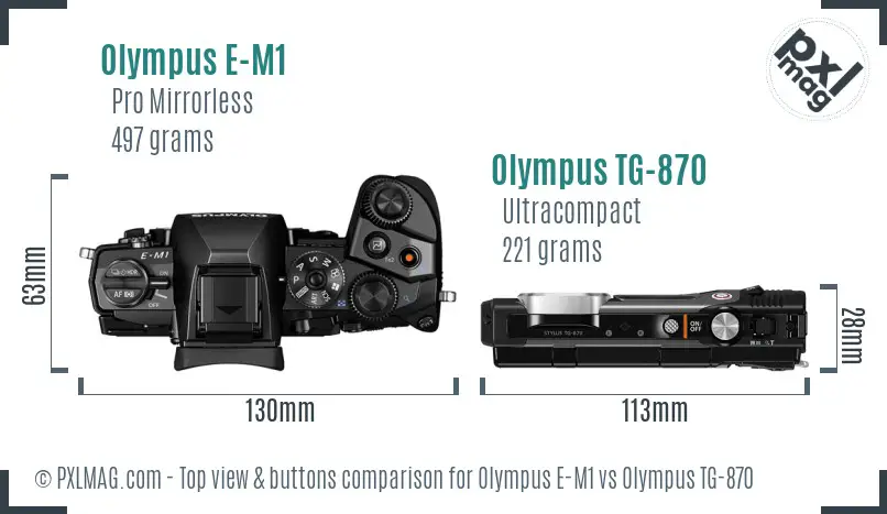 Olympus E-M1 vs Olympus TG-870 top view buttons comparison