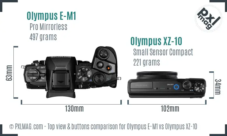 Olympus E-M1 vs Olympus XZ-10 top view buttons comparison