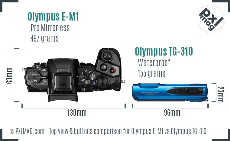 Olympus E-M1 vs Olympus TG-310 top view buttons comparison