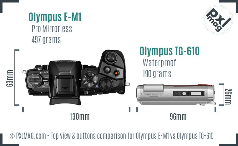 Olympus E-M1 vs Olympus TG-610 top view buttons comparison