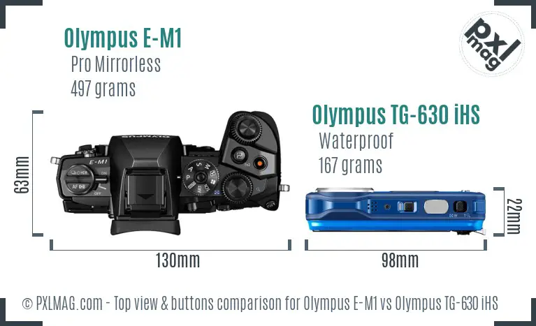 Olympus E-M1 vs Olympus TG-630 iHS top view buttons comparison