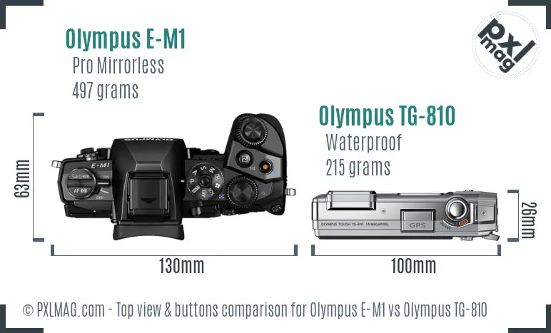 Olympus E-M1 vs Olympus TG-810 top view buttons comparison