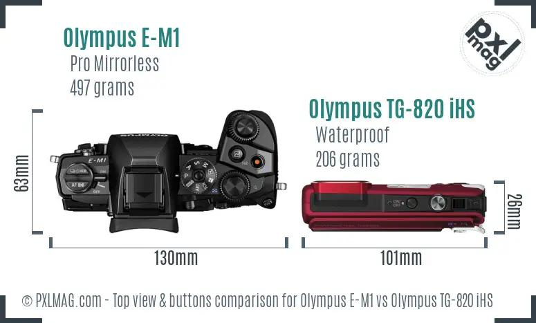 Olympus E-M1 vs Olympus TG-820 iHS top view buttons comparison