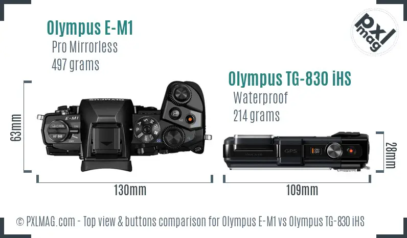 Olympus E-M1 vs Olympus TG-830 iHS top view buttons comparison