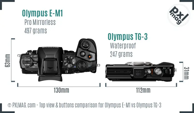 Olympus E-M1 vs Olympus TG-3 top view buttons comparison