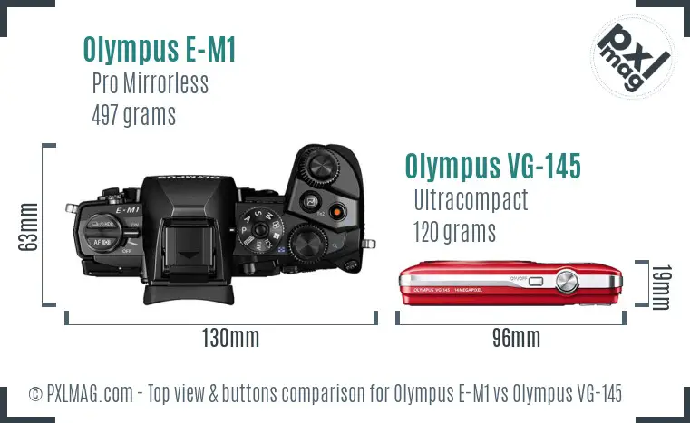 Olympus E-M1 vs Olympus VG-145 top view buttons comparison