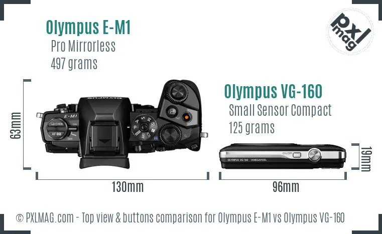 Olympus E-M1 vs Olympus VG-160 top view buttons comparison