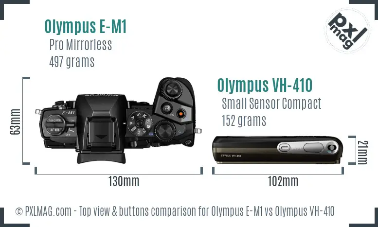 Olympus E-M1 vs Olympus VH-410 top view buttons comparison