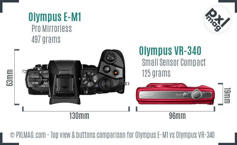 Olympus E-M1 vs Olympus VR-340 top view buttons comparison