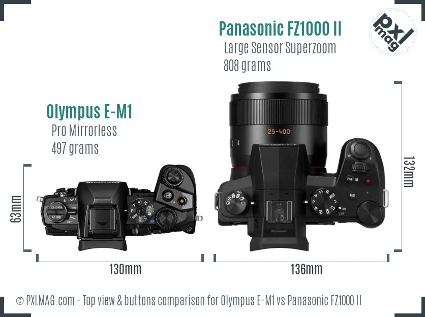Olympus E-M1 vs Panasonic FZ1000 II top view buttons comparison