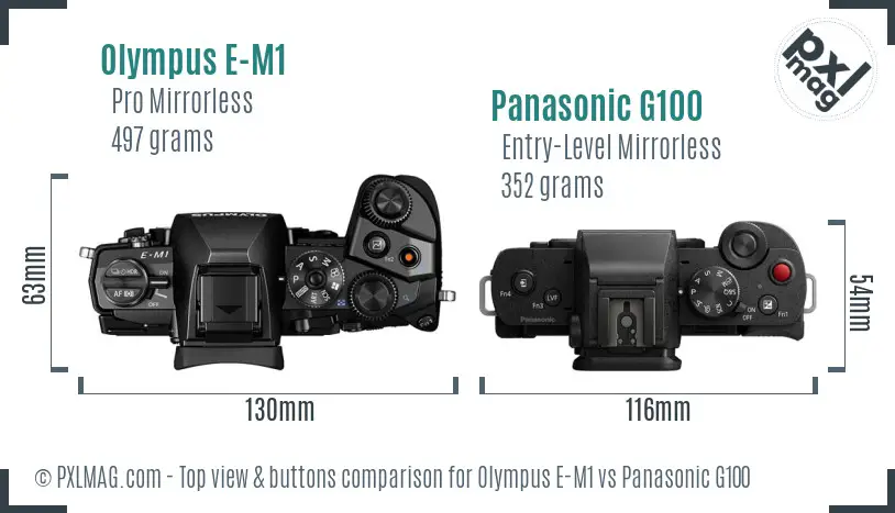 Olympus E-M1 vs Panasonic G100 top view buttons comparison