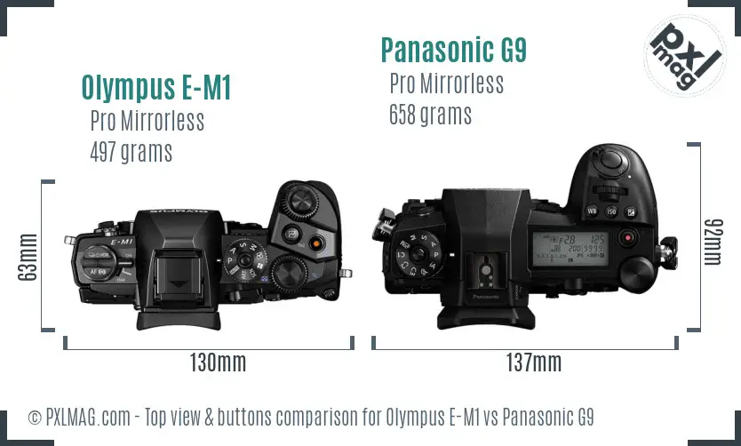 Olympus E-M1 vs Panasonic G9 top view buttons comparison
