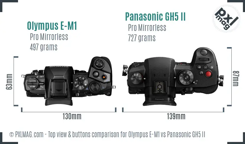 Olympus E-M1 vs Panasonic GH5 II top view buttons comparison