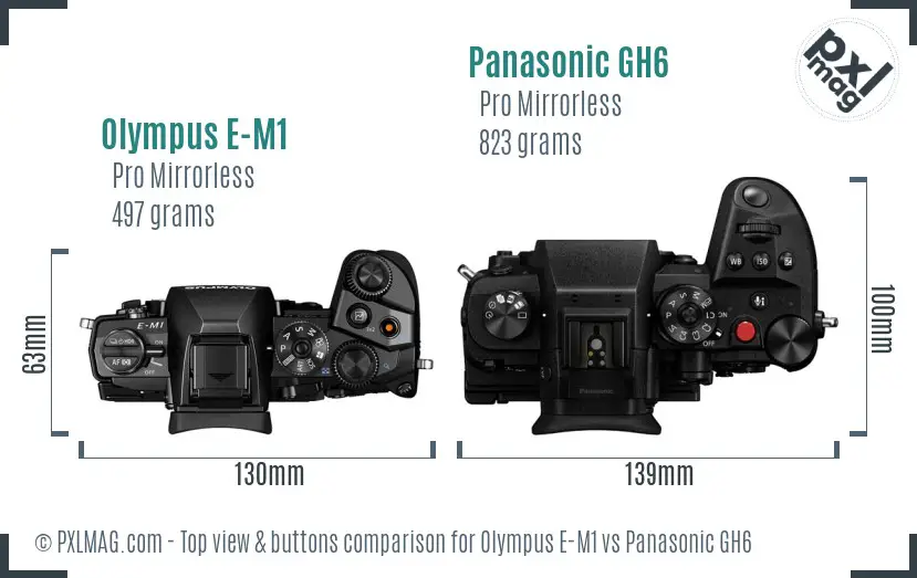 Olympus E-M1 vs Panasonic GH6 top view buttons comparison