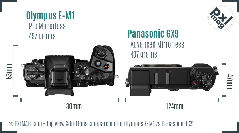Olympus E-M1 vs Panasonic GX9 top view buttons comparison