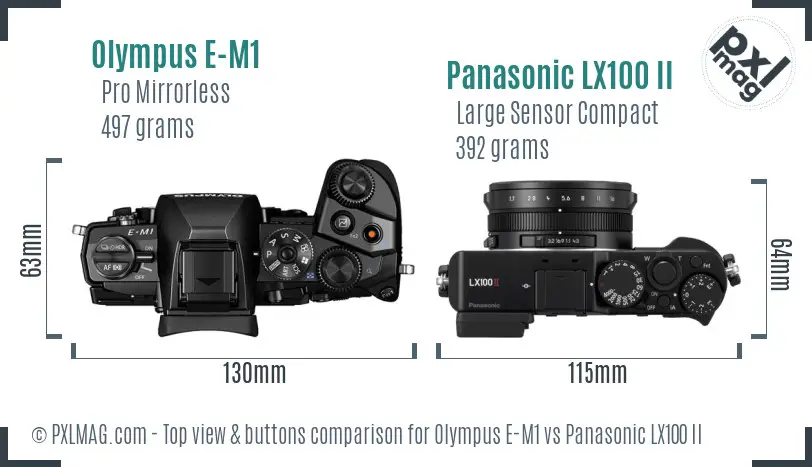Olympus E-M1 vs Panasonic LX100 II top view buttons comparison