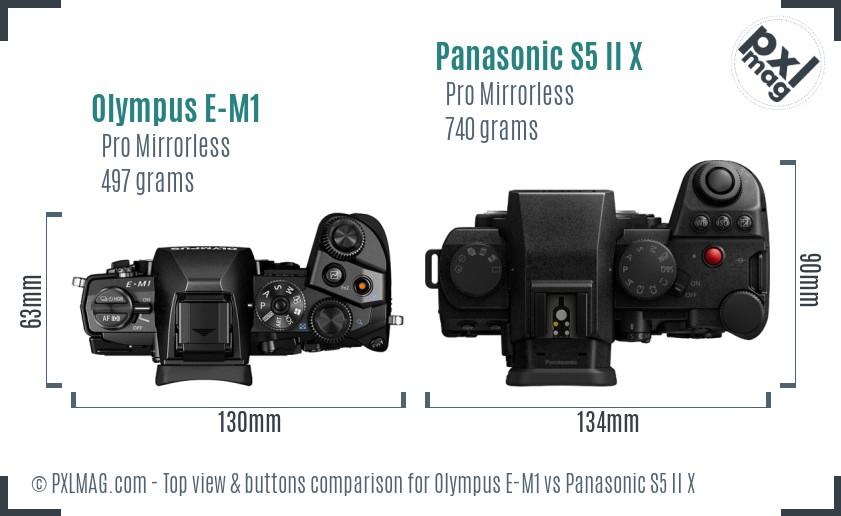 Olympus E-M1 vs Panasonic S5 II X top view buttons comparison