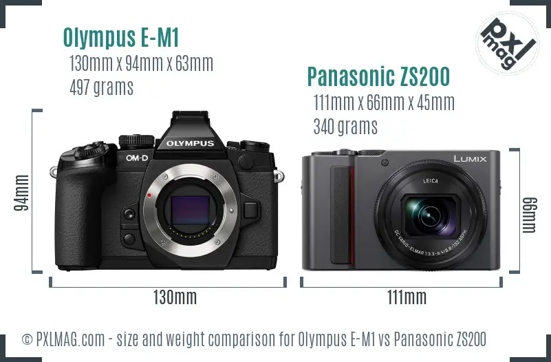 Olympus E-M1 vs Panasonic ZS200 size comparison