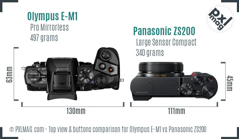 Olympus E-M1 vs Panasonic ZS200 top view buttons comparison