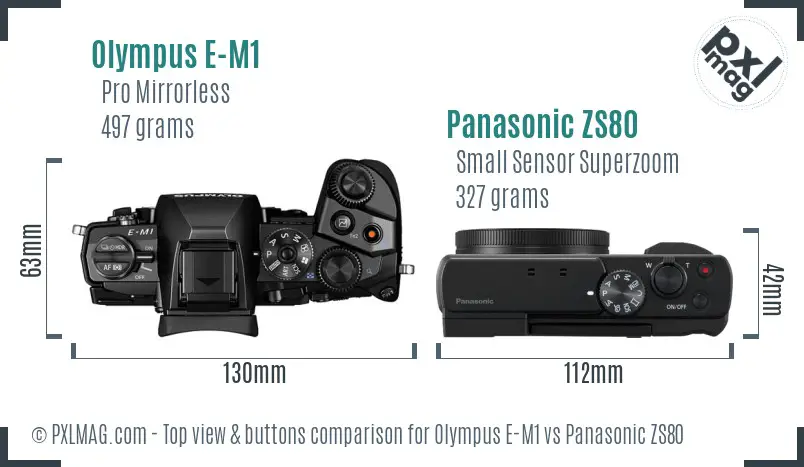 Olympus E-M1 vs Panasonic ZS80 top view buttons comparison