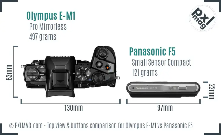 Olympus E-M1 vs Panasonic F5 top view buttons comparison