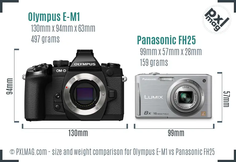 Olympus E-M1 vs Panasonic FH25 size comparison