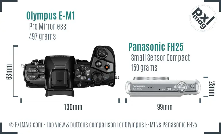 Olympus E-M1 vs Panasonic FH25 top view buttons comparison