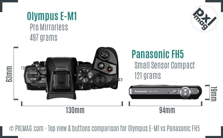 Olympus E-M1 vs Panasonic FH5 top view buttons comparison
