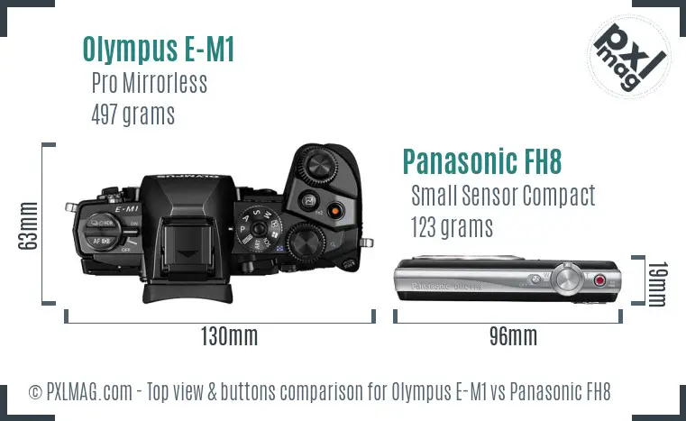 Olympus E-M1 vs Panasonic FH8 top view buttons comparison
