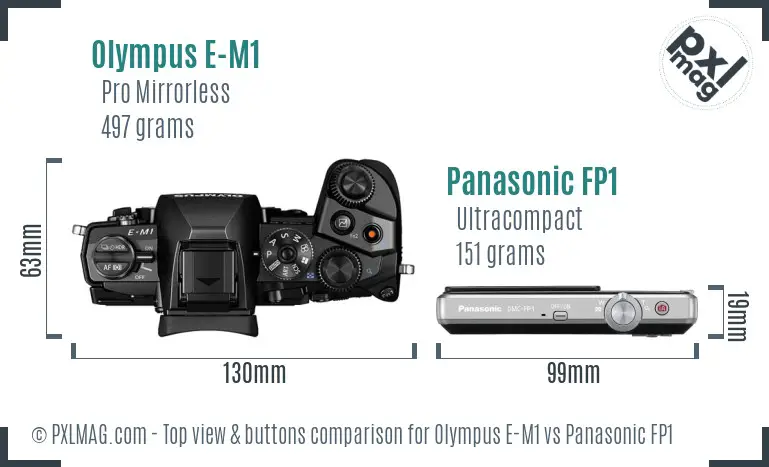 Olympus E-M1 vs Panasonic FP1 top view buttons comparison