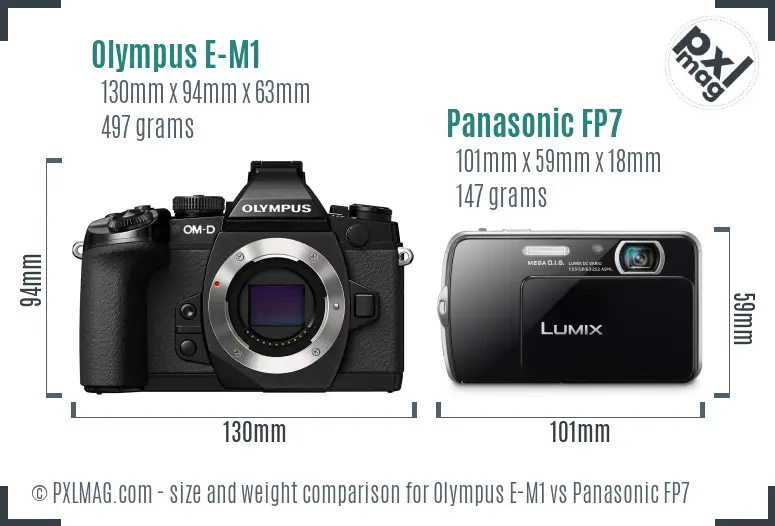 Olympus E-M1 vs Panasonic FP7 size comparison