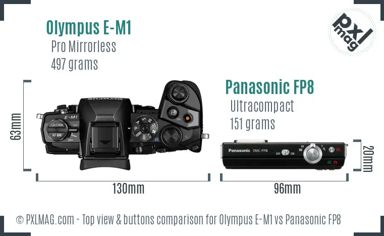 Olympus E-M1 vs Panasonic FP8 top view buttons comparison